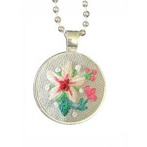 Embroidery charm necklace, White flowers in silver bezel